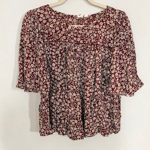 GAP blouse burgundy tan floral flounce M